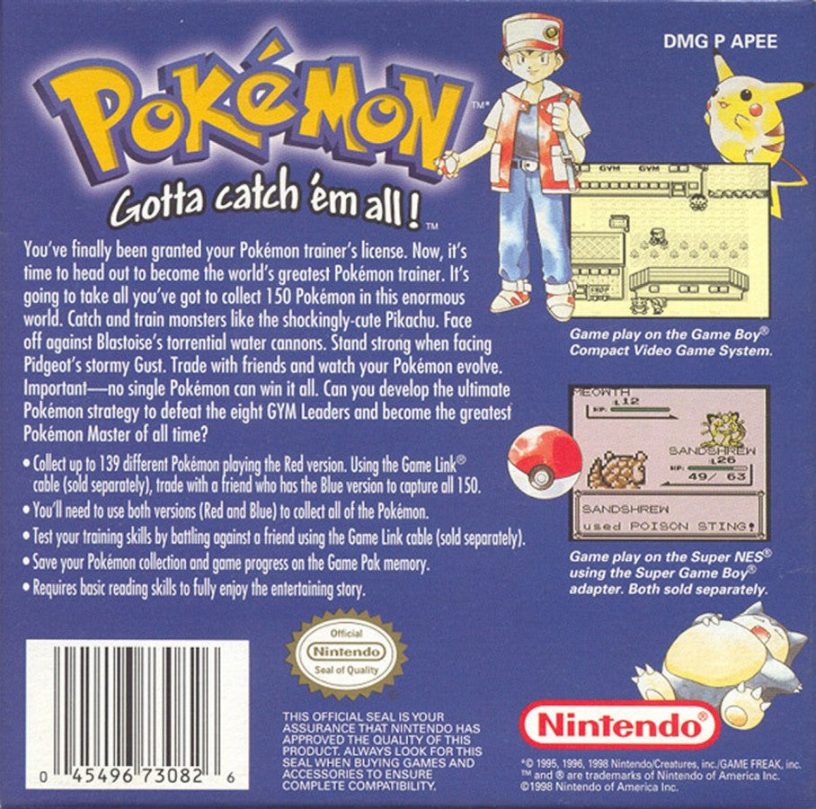 Pokemon: Blue Version back cover art for Game Boy (GB) video game 