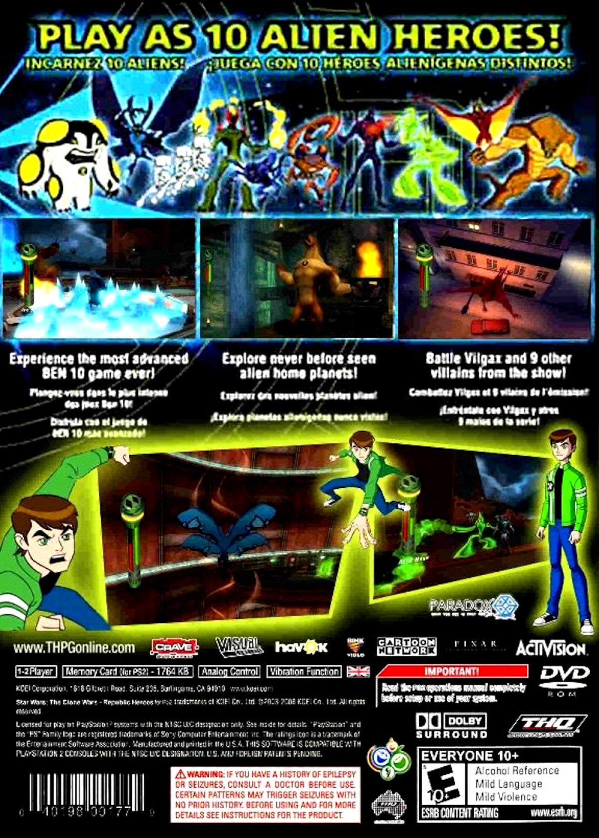 Ben 10: Alien Force: Vilgax Attacks for PlayStation 2 (PS2) featuring an action adventure where you transform into multiple Alien Force aliens to fight across different worlds; use combo combat special abilities and upgrades while taking on Vilgax in a story inspired by the series back cover