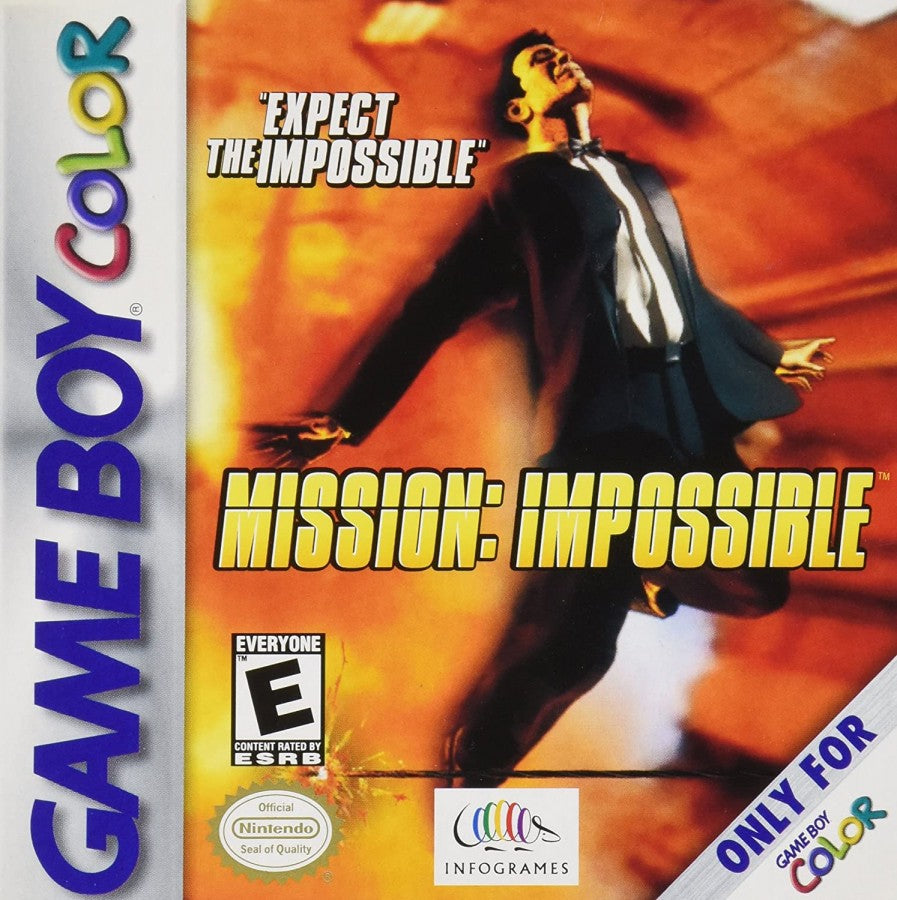 Mission Impossible for Game Boy Color, cover image for an action-adventure video game with stealth gameplay, mission-based objectives, gadget use, and spy-themed challenges