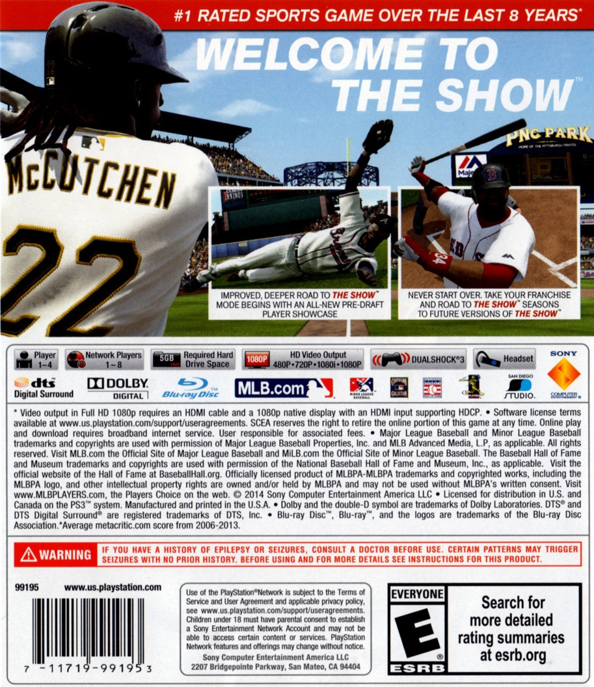 MLB 14 The Show PlayStation 3 PS3 video game, baseball sports simulation, realistic gameplay, multiplayer modes, Sony console title back cover