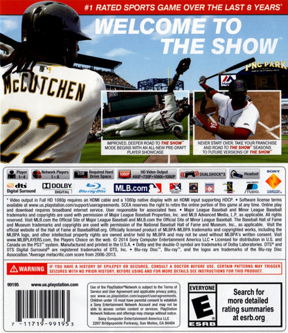 MLB 14 The Show PlayStation 3 PS3 video game, baseball sports simulation, realistic gameplay, multiplayer modes, Sony console title back cover