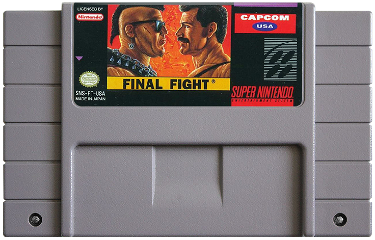 Final Fight Super Nintendo Entertainment System SNES side-scrolling beat em up arcade brawler video game featuring Mike Haggar Cody and Guy against the Mad Gear Gang with multiple stages and two-player cooperative action cartridge