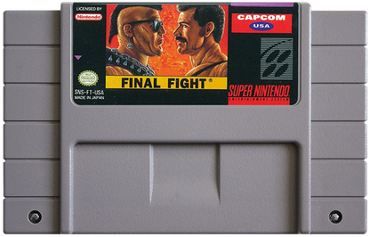 Final Fight Super Nintendo Entertainment System SNES side-scrolling beat em up arcade brawler video game featuring Mike Haggar Cody and Guy against the Mad Gear Gang with multiple stages and two-player cooperative action cartridge