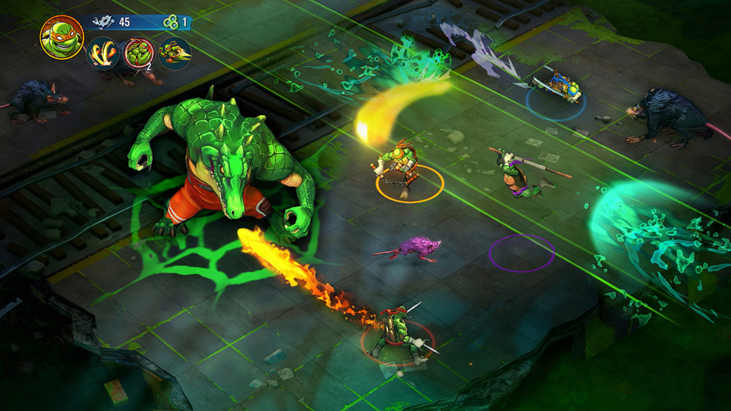 Teenage Mutant Ninja Turtles Splintered Fate Deluxe Edition Nintendo Switch inspired design featuring action roguelike adventure aesthetic cooperative turtle team combat fast paced isometric battles mutant enemies New York City inspired settings elemental abilities and arcade style gameplay presentation gameplay