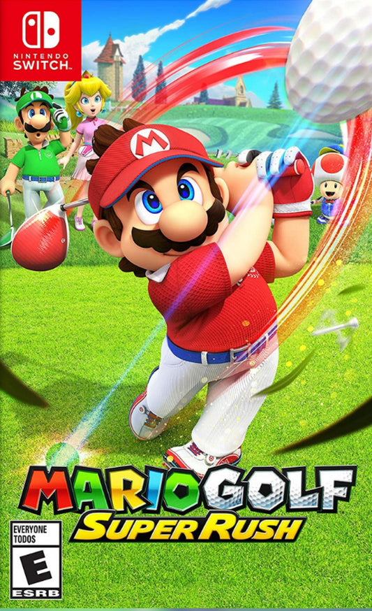 Mario Golf Super Rush for Nintendo Switch arcade golf sports game featuring Mario characters speed golf motion controls multiplayer tournaments and colorful courses fronnt cover
