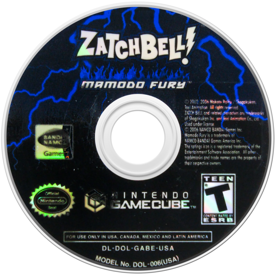 Zatch Bell Mamodo Fury Nintendo GameCube game case art with Zatch Kiyo Mamodo characters intense action fighting spells and battle scenes based on the anime series disc art