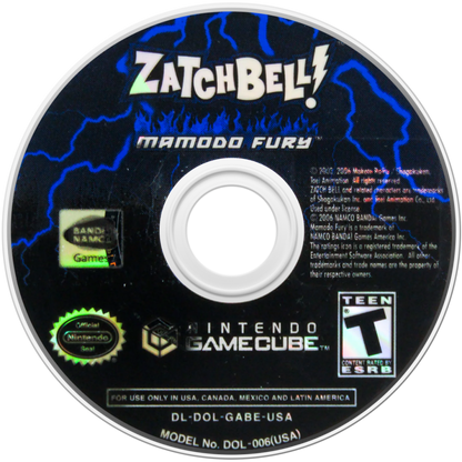 Zatch Bell Mamodo Fury Nintendo GameCube game case art with Zatch Kiyo Mamodo characters intense action fighting spells and battle scenes based on the anime series disc art