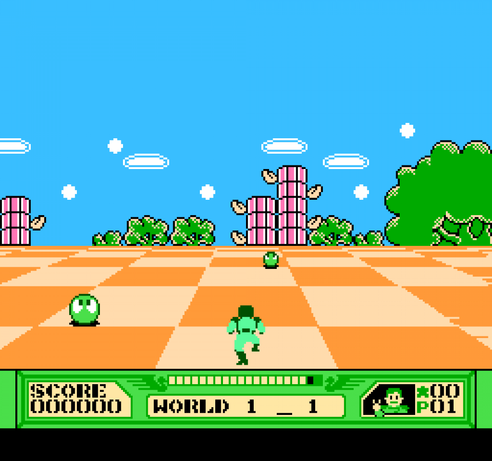 3-D WorldRunner retro NES video game 3-D WorldRunner action adventure fantasy shooting fast paced gameplay pseudo 3D classic console title Nintendo Entertainment System release gameplay