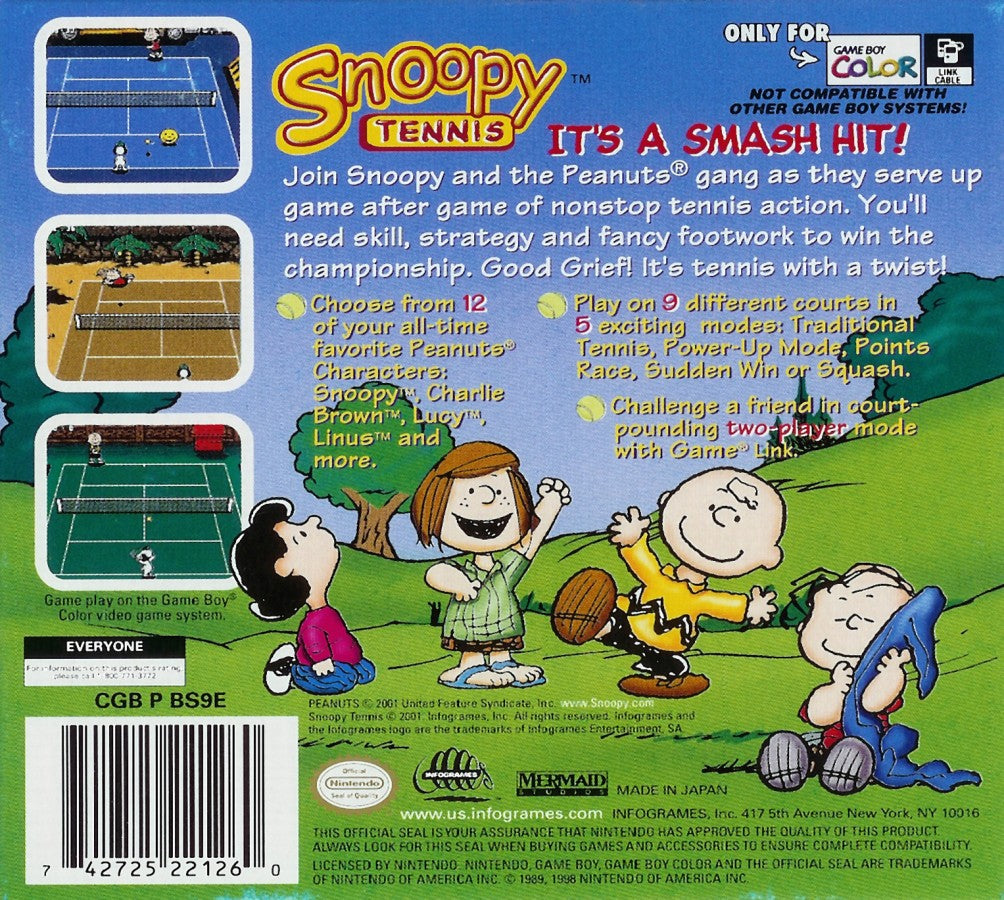 Snoopy Tennis for Game Boy Color, back of case for a sports arcade video game with tennis gameplay, character-based matches, cartoon-style visuals, and casual competitive gameplay