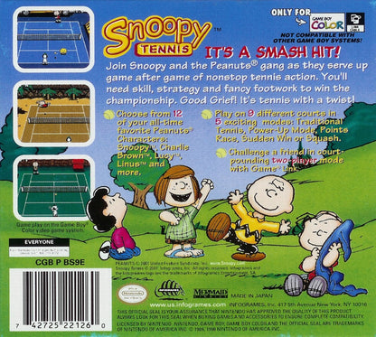 Snoopy Tennis for Game Boy Color, back of case for a sports arcade video game with tennis gameplay, character-based matches, cartoon-style visuals, and casual competitive gameplay