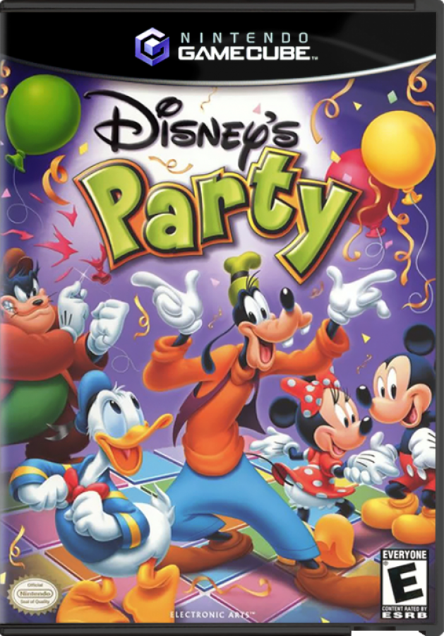 Disneys Party for GameCube featuring family friendly board game style mini games with Disney characters front cover