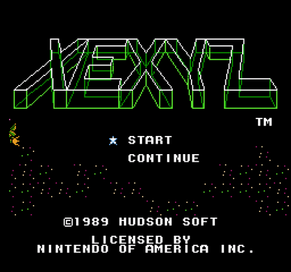 Xexyz retro NES video game Xexyz sci fi action platform shooter side scrolling arcade gameplay space combat classic console title Nintendo Entertainment System release title screen