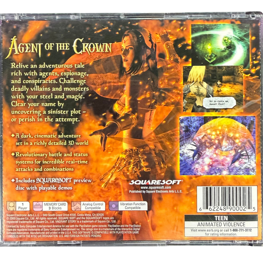 Vagrant Story PlayStation PS1 for action role playing video game fans featuring Ashley Riot dark fantasy adventure dungeon exploration real time combat weapon customization item crafting challenging enemies mysterious environments puzzle solving and immersive Square gameplay collectible gaming appeal back cover art