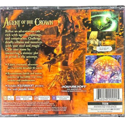 Vagrant Story PlayStation PS1 for action role playing video game fans featuring Ashley Riot dark fantasy adventure dungeon exploration real time combat weapon customization item crafting challenging enemies mysterious environments puzzle solving and immersive Square gameplay collectible gaming appeal back cover art