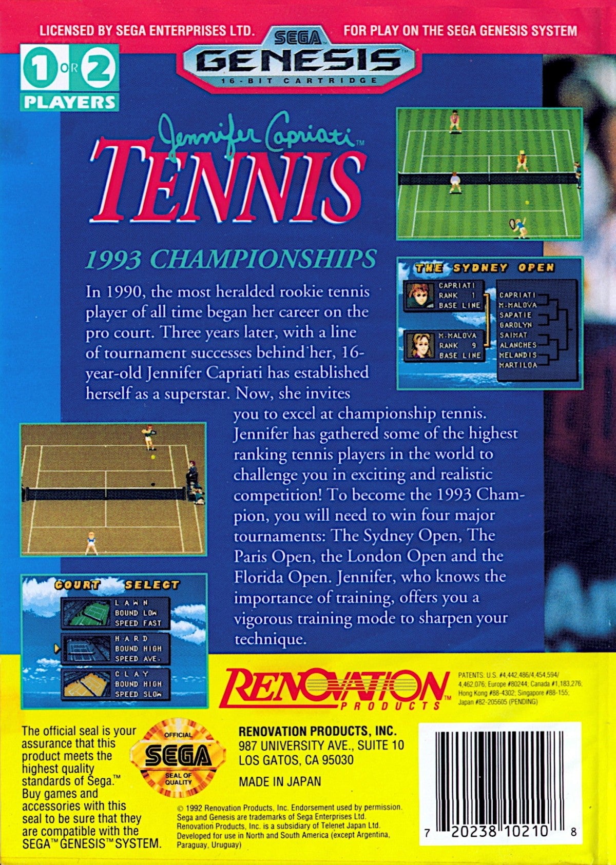 Jennifer Capriati Tennis game for the Sega Genesis featuring arcade style tennis gameplay with fast paced matches singles and doubles modes simple controls and competitive tournament style play starring tennis themed branding around Jennifer Capriati back cover  