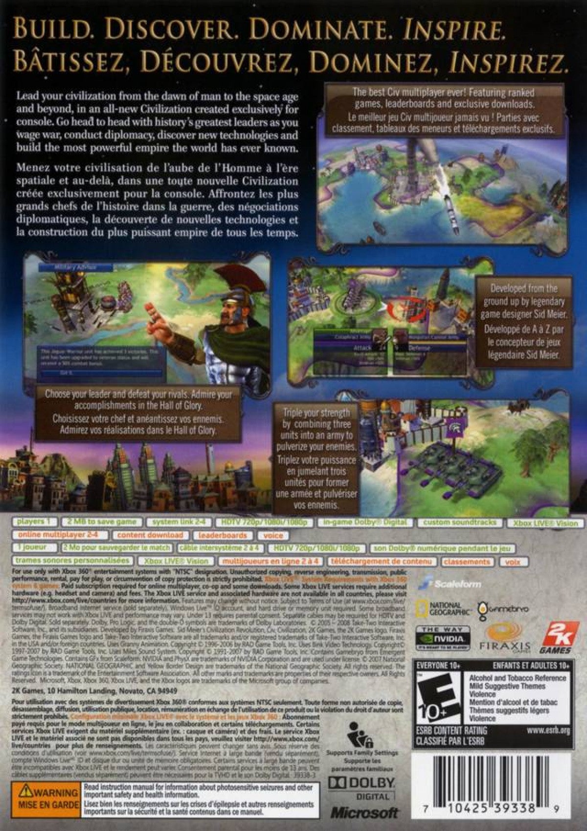 Civilization Revolution for Xbox 360 turn based strategy video game featuring empire building technology research diplomacy conquest and immersive Sid Meier civilization franchise gameplay experience back cover art