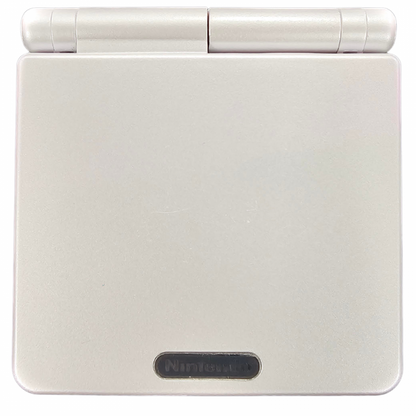 Game Boy Advance SP GBA SP Pearl White AGS 001 handheld console featuring flip screen design front lit display rechargeable battery compact portable gaming system Game Boy Advance compatibility classic Nintendo handheld hardware retro gaming collection collectible gaming appeal console top