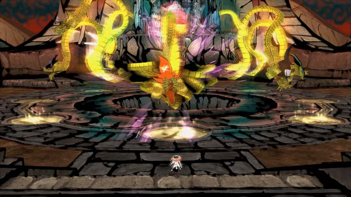 Ōkami HD Nintendo Switch inspired design featuring mythological action adventure aesthetic Japanese ink wash art style divine wolf protagonist celestial brush magic puzzle solving exploration and boss battles flowing watercolor inspired world presentation gameplay
