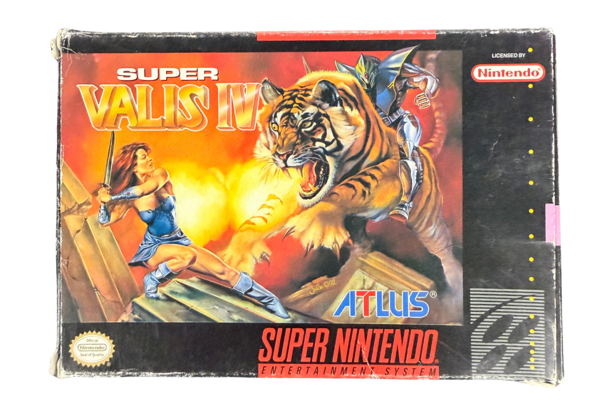 Super Valis IV Super Nintendo Entertainment System SNES retro video game action platformer featuring fantasy combat sword fighting challenging stages magical abilities enemy battles classic 16 bit graphics Super Nintendo gaming experience retro game collection appeal cover art