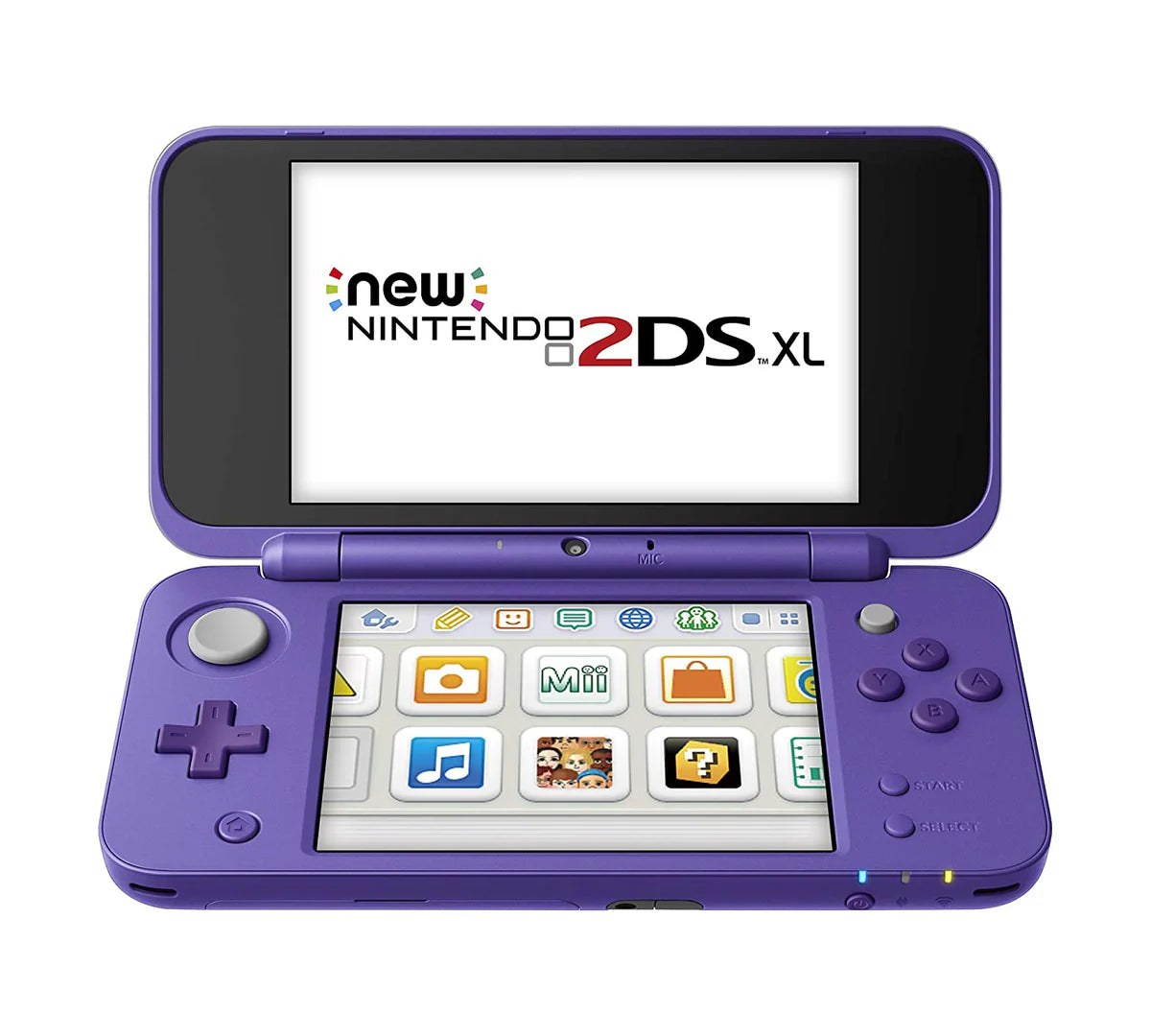 Retro Purple New Nintendo 2DS XL handheld console aesthetic featuring dual screen portable gaming system vibrant purple shell compact foldable design Nintendo handheld nostalgia collectible gaming hardware style open turned on