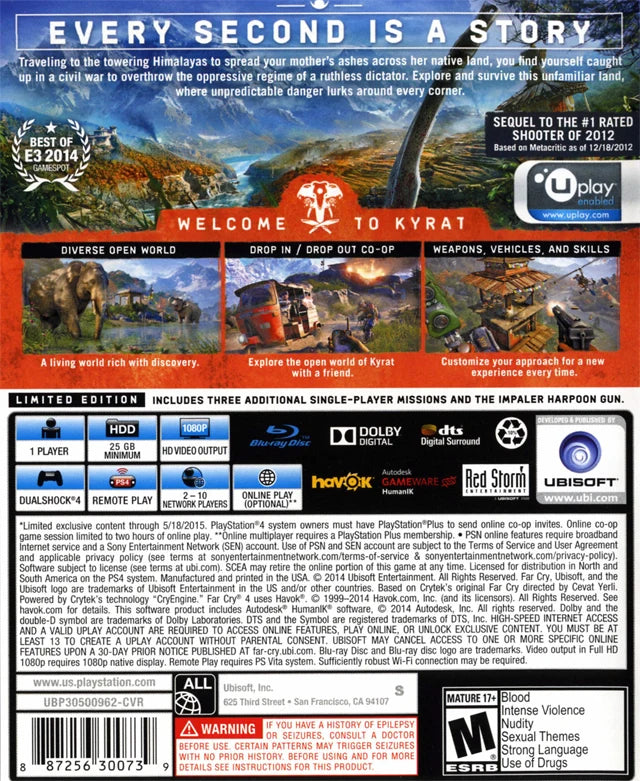 Far Cry 4 Complete Edition PlayStation 4 PS4 for action adventure video game fans featuring open world exploration first person shooter gameplay intense combat missions weapon customization wildlife encounters tactical stealth gameplay Himalayan mountain setting expanded edition content and immersive storytelling collectible gaming appeal back cover art