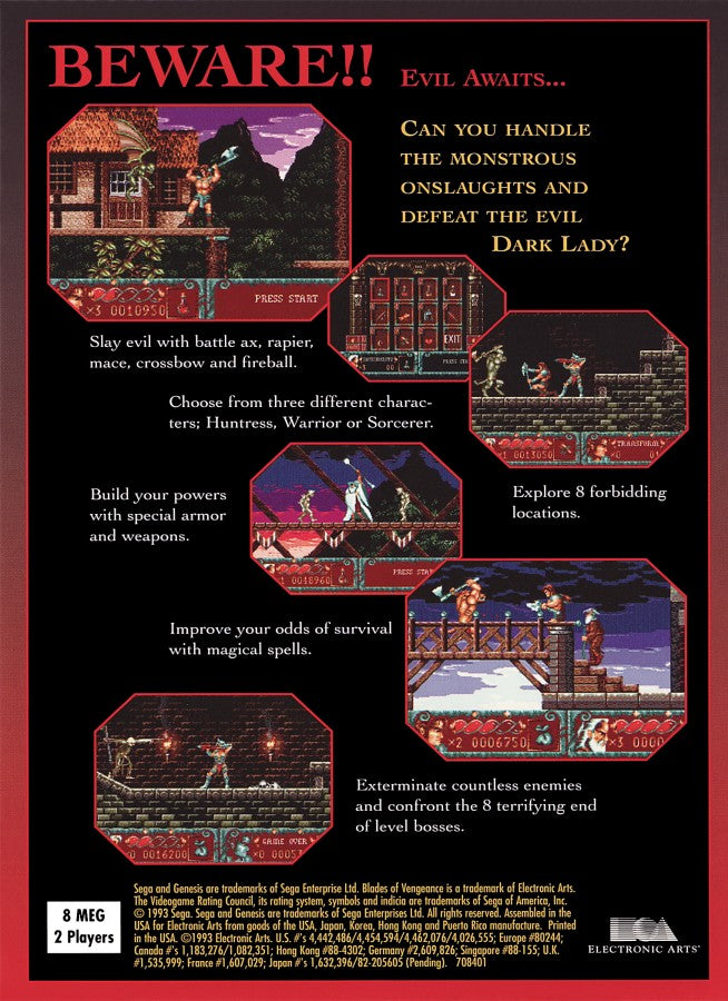 Blades of Vengeance Sega Genesis action hack and slash fantasy platformer with three characters warrior valkyrie sorceress side scrolling back cover art