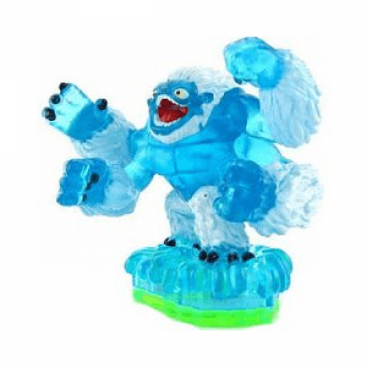 Slam Bam Skylanders Spyro’s Adventure figure, water element yeti warrior with blue fur, four arms and dual ice hammers, posed in battle stance, detailed collectible toy on portal base from Skylanders Spyro’s Adventure series