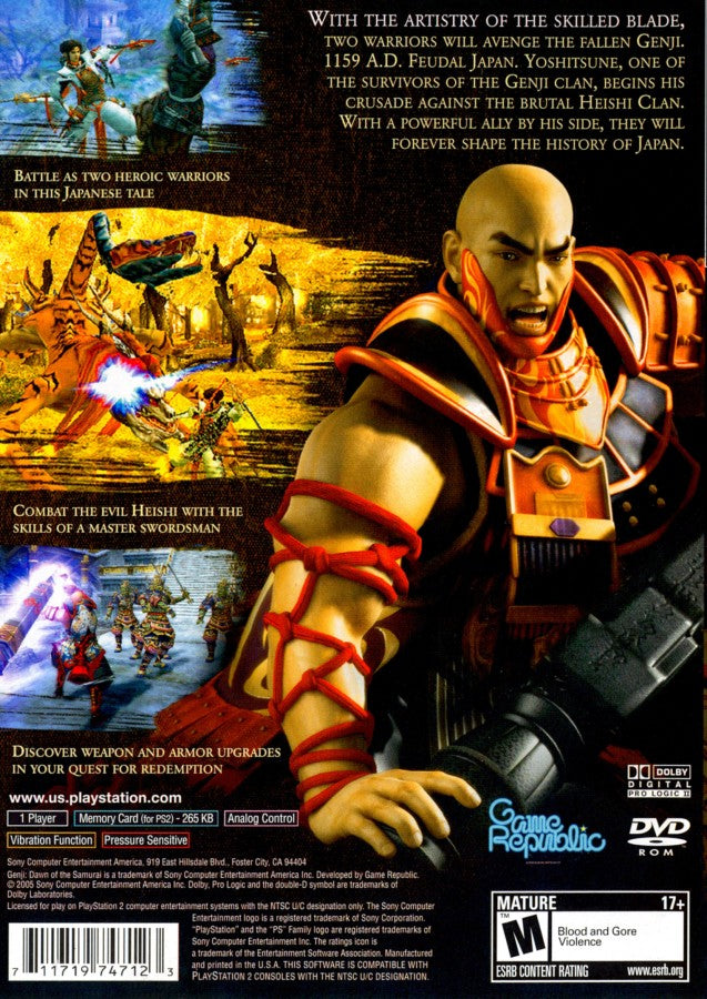 Genji Dawn of the Samurai PS2 PlayStation 2 action adventure samurai game retro video game back of case