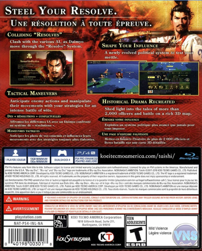 Nobunaga's Ambition: Taishi – PlayStation 4 (PS4) strategy video game back of case