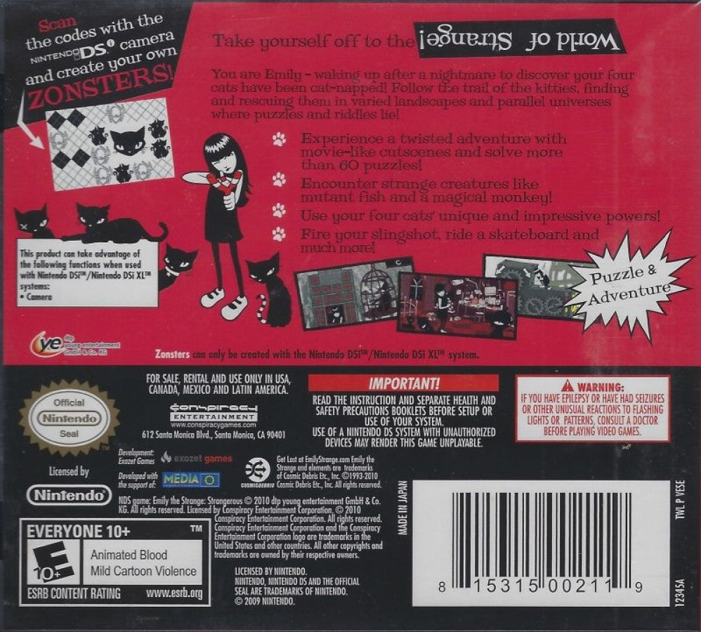 Emily the Strange Strangerous Nintendo DS DS video game featuring puzzle adventure gameplay Emily the Strange character exploration mysterious environments black cat companions quirky challenges puzzle solving hidden secrets dark gothic art style alternative fashion and imaginative story driven gameplay classic Nintendo DS handheld adventure retro video game collection collectible gaming appeal back cover art
