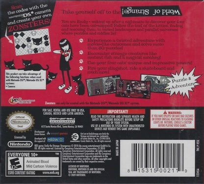 Emily the Strange Strangerous Nintendo DS DS video game featuring puzzle adventure gameplay Emily the Strange character exploration mysterious environments black cat companions quirky challenges puzzle solving hidden secrets dark gothic art style alternative fashion and imaginative story driven gameplay classic Nintendo DS handheld adventure retro video game collection collectible gaming appeal back cover art