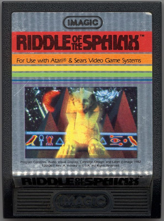 Riddle of the Sphinx retro Atari 2600 video game featuring puzzle adventure gameplay, ancient Egypt exploration, treasure hunting and classic Atari action - cartridge