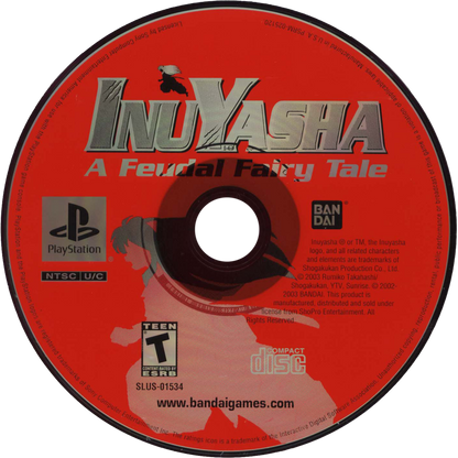 Retro InuYasha A Feudal Fairy Tale PS1 cover art inspired design featuring classic anime fighting game aesthetic vintage PlayStation arena combat Inuyasha Kagome feudal Japan demons sword battles cel shaded style nostalgic 90s anime game presentation disc