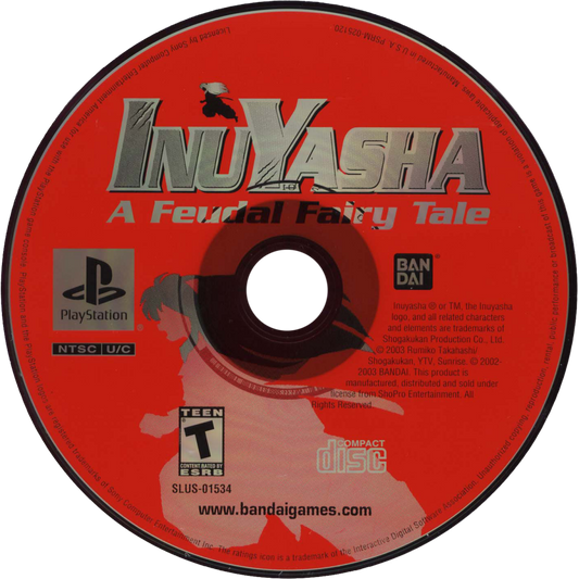 Retro InuYasha A Feudal Fairy Tale PS1 cover art inspired design featuring classic anime fighting game aesthetic vintage PlayStation arena combat Inuyasha Kagome feudal Japan demons sword battles cel shaded style nostalgic 90s anime game presentation disc