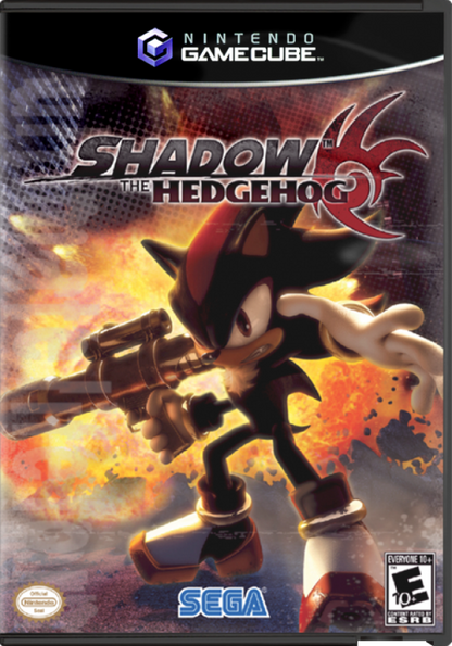Shadow the Hedgehog GameCube game cover showing Shadow with a gun and fiery background.