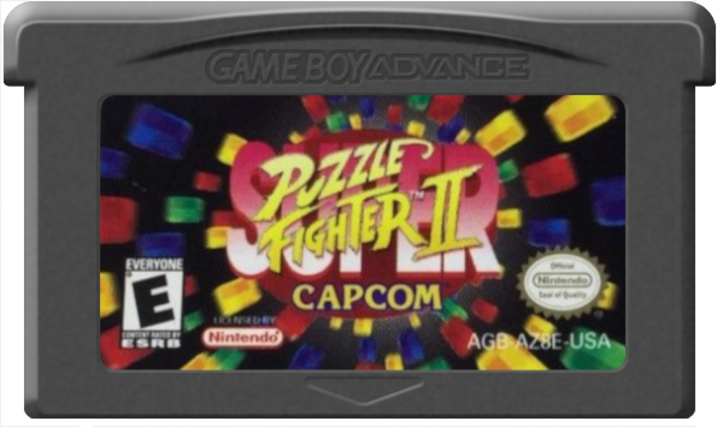 Super Puzzle Fighter II [CIB] for Game Boy Advance (GBA) featuring fast competitive gem dropping puzzle battles with chibi versions of Capcom fighters; chain combos send counter gems and outsmart opponents in this addictive complete in box arcade style classic cartridge