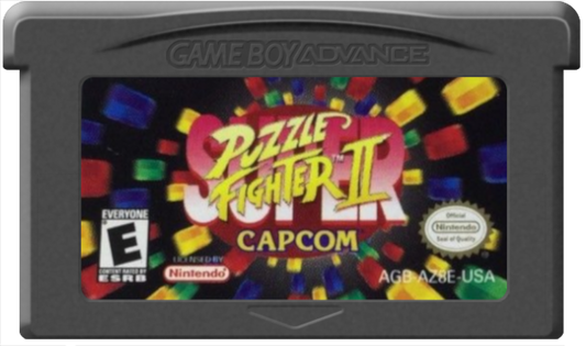 Super Puzzle Fighter II [CIB] for Game Boy Advance (GBA) featuring fast competitive gem dropping puzzle battles with chibi versions of Capcom fighters; chain combos send counter gems and outsmart opponents in this addictive complete in box arcade style classic cartridge