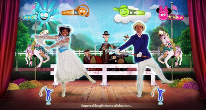 Retro Just Dance Disney Party Xbox 360 inspired design featuring family friendly rhythm dance gameplay aesthetic vintage HD era Disney musical performances colorful animated characters motion based party fun energetic choreography nostalgic interactive music experience presentation gameplay