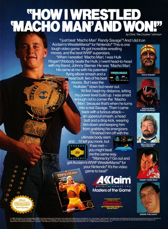 WWF WrestleMania Nintendo Entertainment System NES video game featuring professional wrestling gameplay WWF superstars wrestling matches signature moves grappling attacks competitive bouts arena action and classic 8 bit Nintendo sports entertainment gameplay retro video game collection collectible gaming appeal flyer