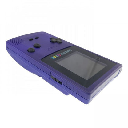 Down-to-top view of a grape purple Nintendo Game Boy Color handheld console showing the front face, buttons, and screen from a slightly angled perspective.