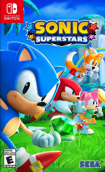 Sonic Superstars Nintendo Switch 2D platformer new Sonic game four playable characters Emerald powers local co-op multiple endings retro modern style Sonic Team cover art