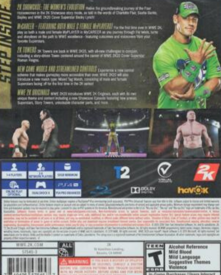 WWE 2K20 PlayStation 4 PS4 for retro video game enthusiasts featuring professional wrestling gameplay authentic WWE Superstars and Legends signature moves realistic ring action MyCAREER mode creation suite showcase matches multiplayer competition and collectible gaming appeal back cover  
