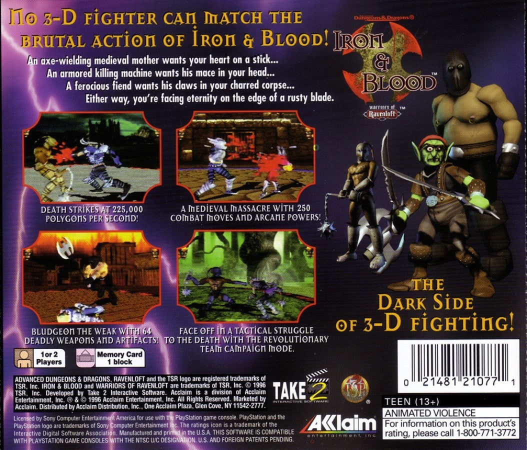 Advanced Dungeons & Dragons Iron and Blood PS1 PlayStation 1 fighting game fantasy medieval combat Dungeons & Dragons licensed game retro video game back of case