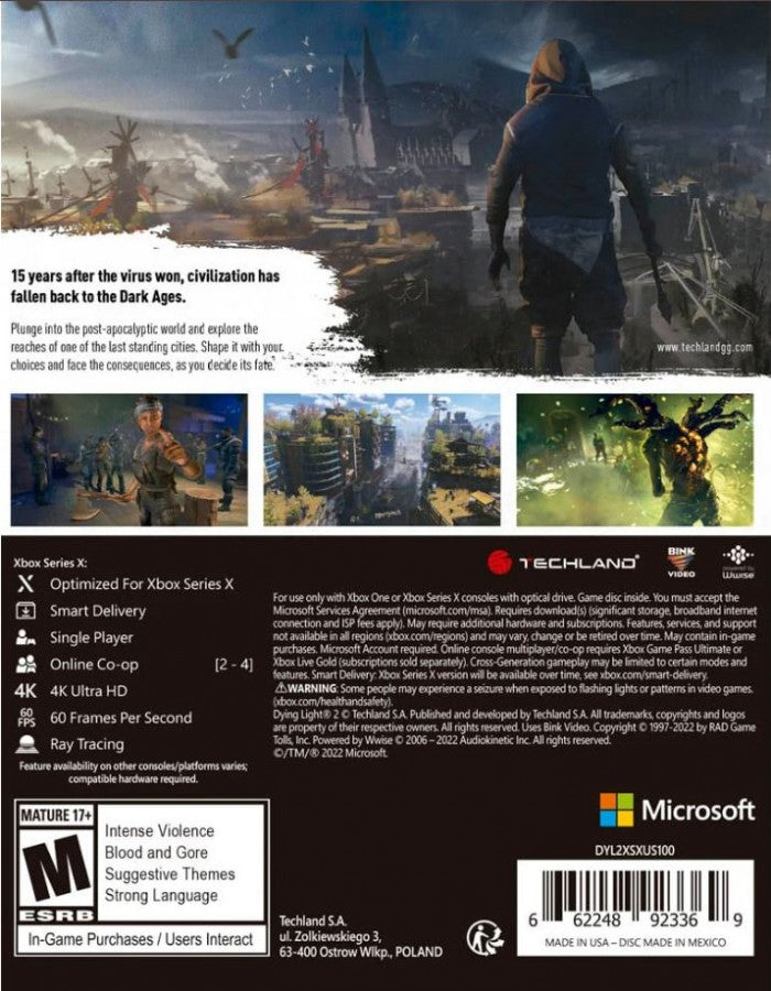 Dying Light 2 Stay Human Xbox Series X/S open-world zombie action game with parkour traversal combat and player-driven story decisions back cover