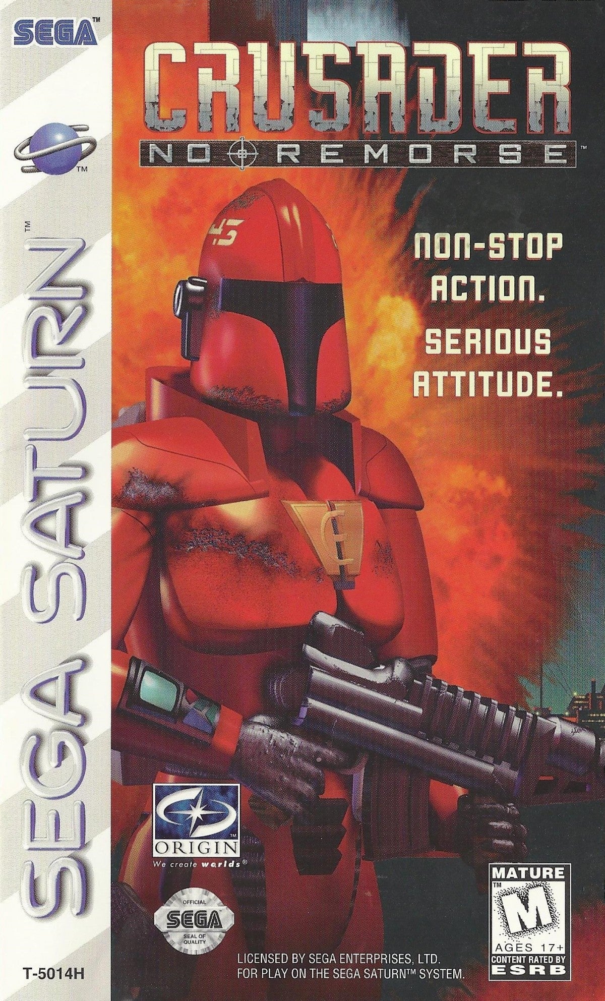 Crusader No Remorse Sega Saturn isometric action shooter cyberpunk tactical combat game rebellion storyline explosive weapons destruction based gameplay The 3DO Company port sci fi military missions retro gaming Sega Saturn software video game title cover art