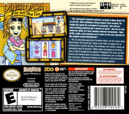 Diner Dash Flo on the Go Nintendo DS video game, time management puzzle gameplay, casual arcade fun, handheld console title back cover