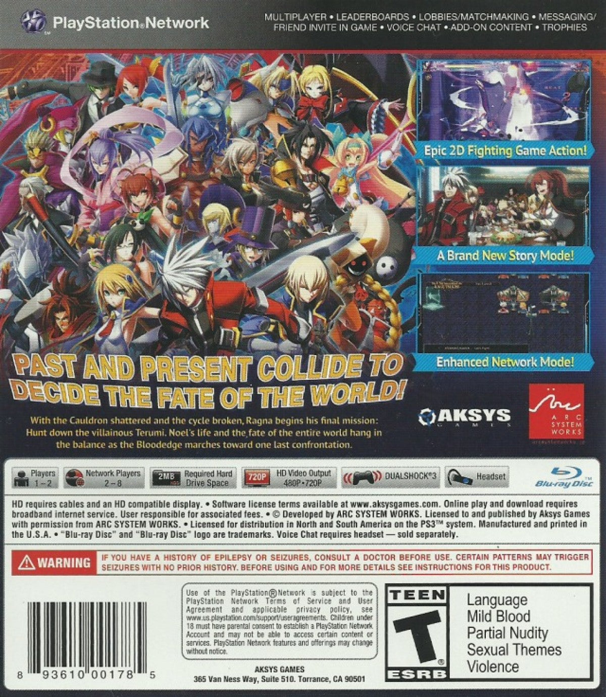 BlazBlue Chrono Phantasma game for the PlayStation 3 featuring 2D fighting gameplay with anime style visuals expanded character roster refined combat mechanics multiple modes including Story Arcade and Versus and fast paced competitive battles back cover 