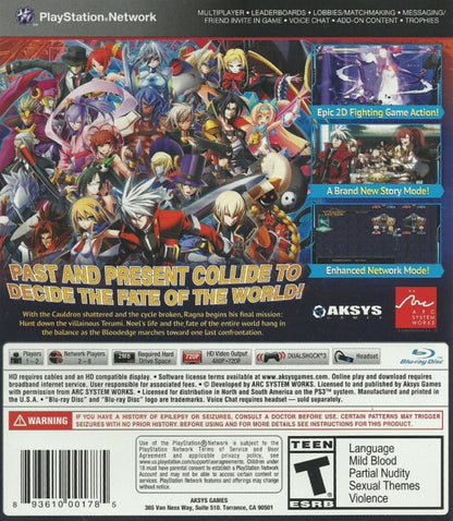 BlazBlue Chrono Phantasma game for the PlayStation 3 featuring 2D fighting gameplay with anime style visuals expanded character roster refined combat mechanics multiple modes including Story Arcade and Versus and fast paced competitive battles back cover 
