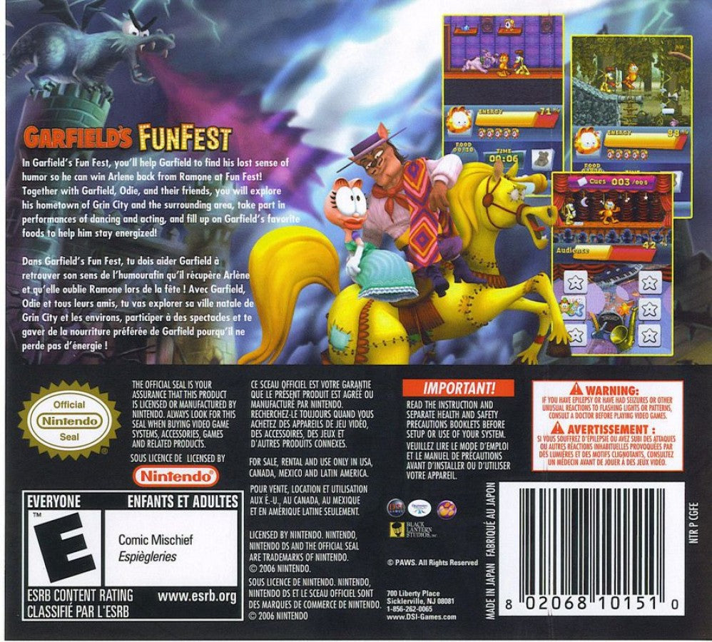 Garfield's Fun Fest back of case for Nintendo DS (DS) cartoon platforming adventure video game
