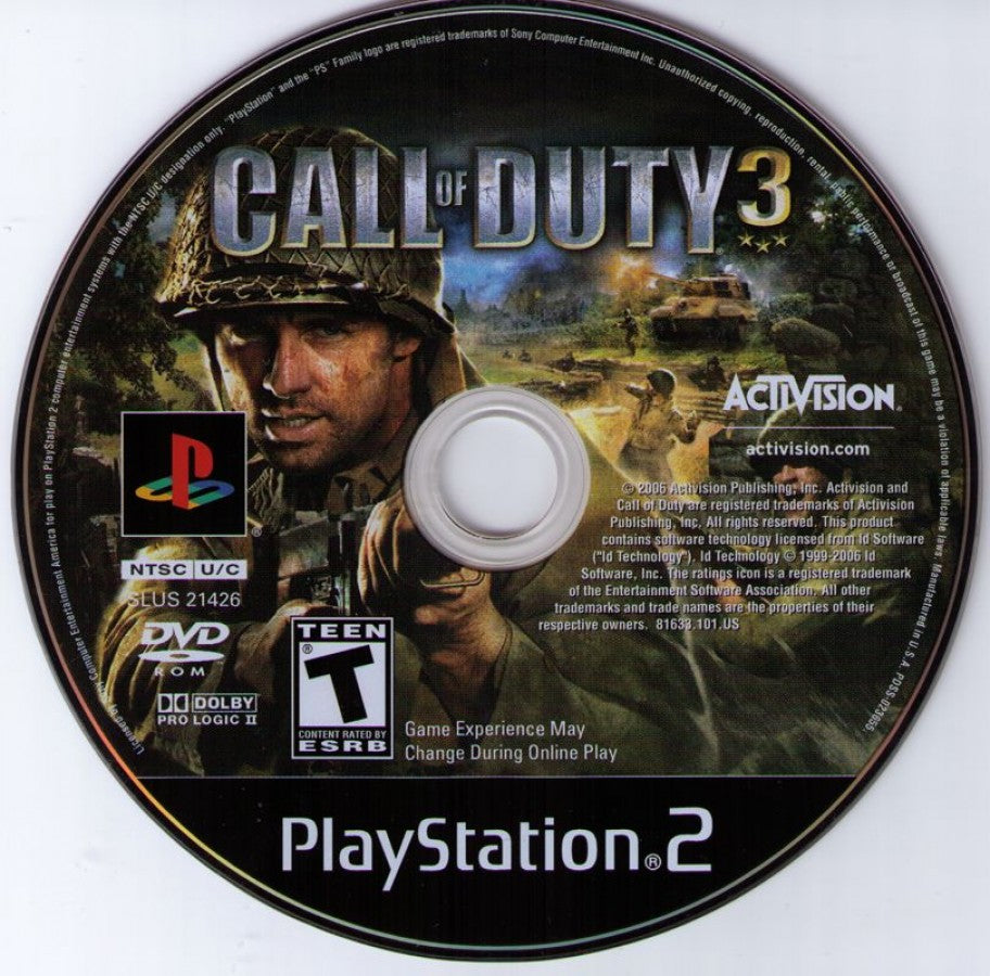 Call of Duty 3 for PlayStation 2 with World War II themed military action disc